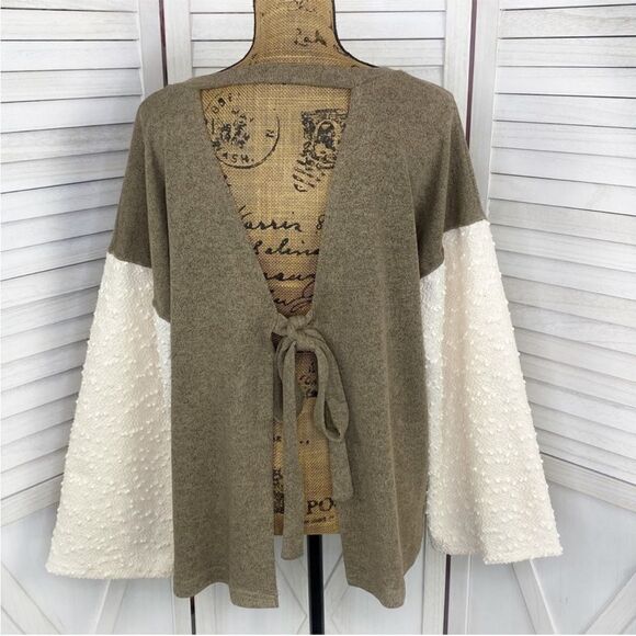 POL Open Tie Back Sweater Bell Sleeve Color Block Brown Cream Large - Picture 4 of 13